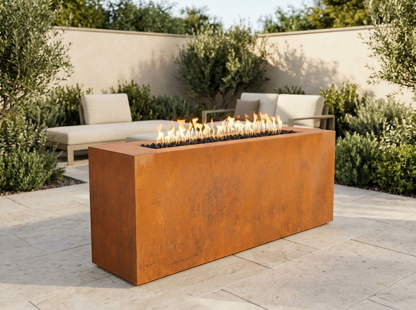 Carmen Rectangle Corten Steel Fire Pit Table | The Outdoor Plus — outdoor setting