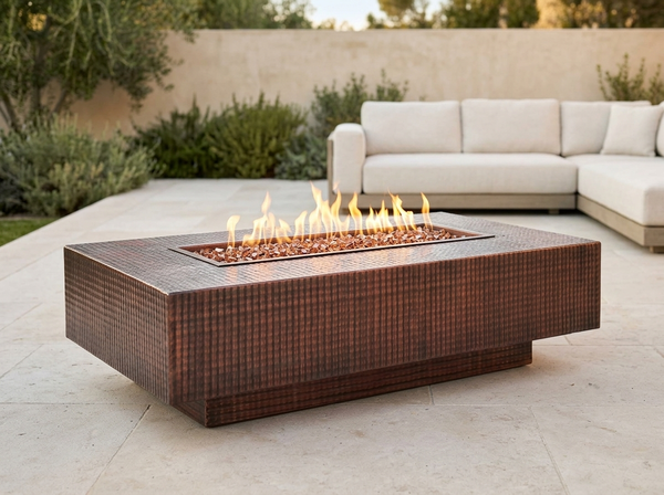 Cabo Linear Hammered Rectangle Copper Fire Pit Table | TOP — outdoor setting