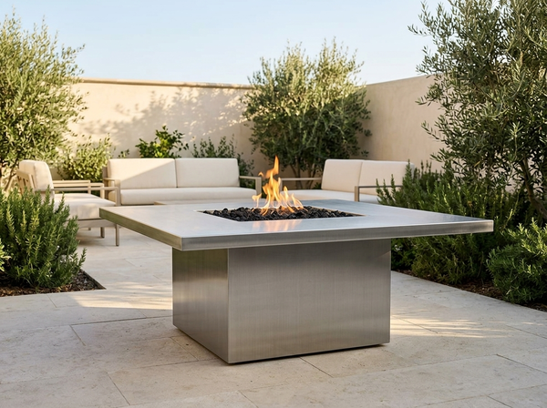Bella Square Stainless Steel Fire Pit Table | The Outdoor Plus — outdoor setting