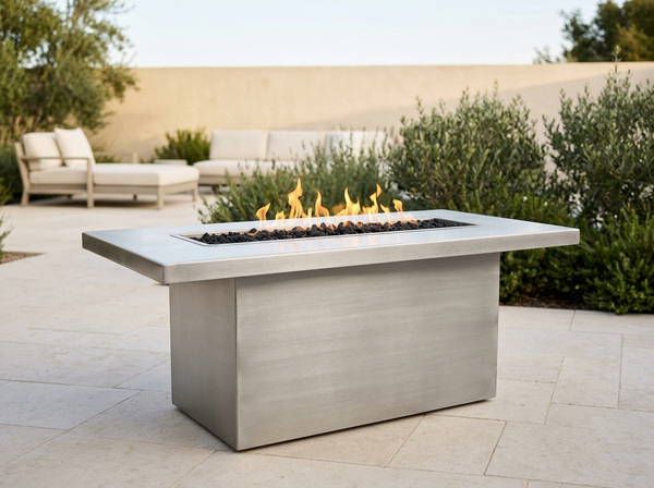 Bella Linear Rectangle Stainless Steel Fire Pit Table | TOP — outdoor setting