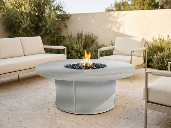 Mabel Round Stainless Steel Fire Pit Table | The Outdoor Plus — outdoor setting