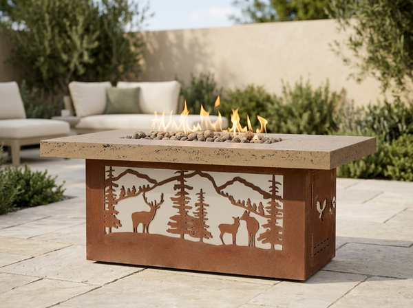 Outback Deer Country Rectangle Corten Steel Fire Pit Table | TOP — outdoor setting