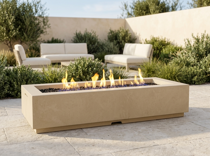 American Fyre Designs 72" Louvre Long Rectangle Gas Fire Pit — outdoor setting