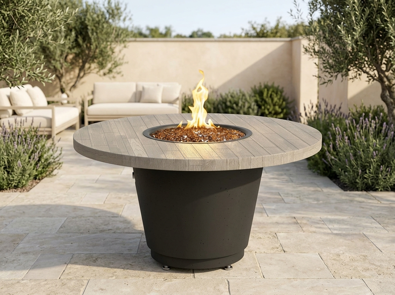 American Fyre Designs Reclaimed Wood Cosmopolitan 48" Round Gas Fire Table - Silver Pine — outdoor setting