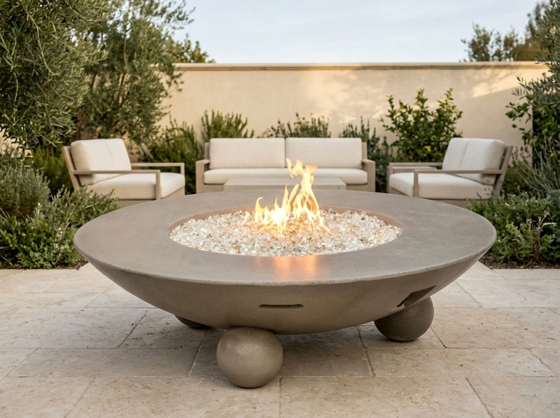 American Fyre Designs Versailles 54-Inch Round GFRC Gas Fire Table with Ball Feet — outdoor setting