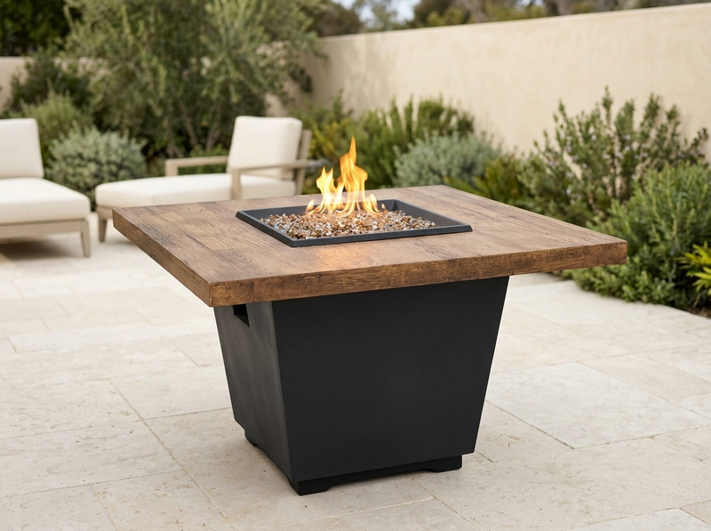 American Fyre Designs Reclaimed Wood Cosmopolitan 36" Square Fire Table — outdoor setting
