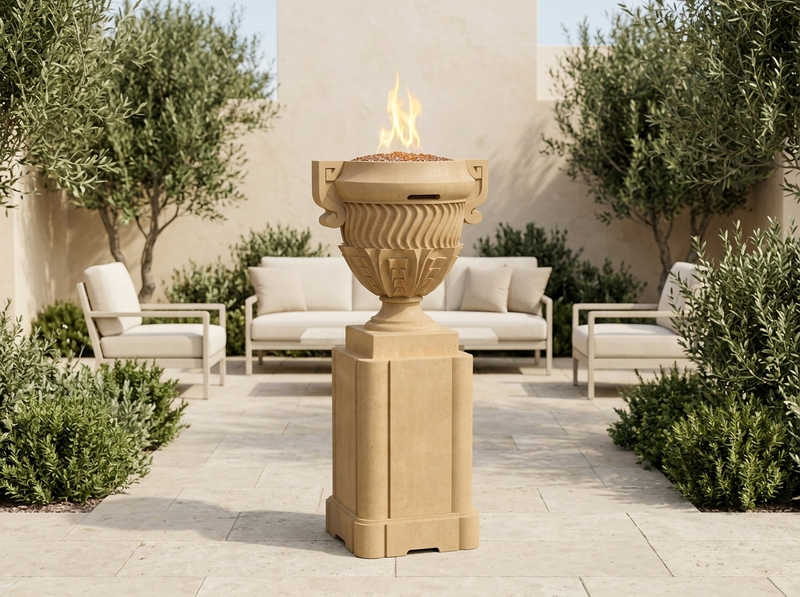 American Fyre Designs Piage 26" Gas Fire Urn with Pedestal - Café Blanco — outdoor setting