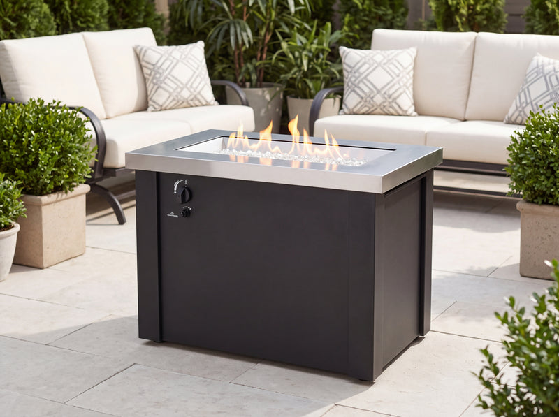 Providence Stainless Steel Crystal Gas Fire Pit Table — outdoor setting