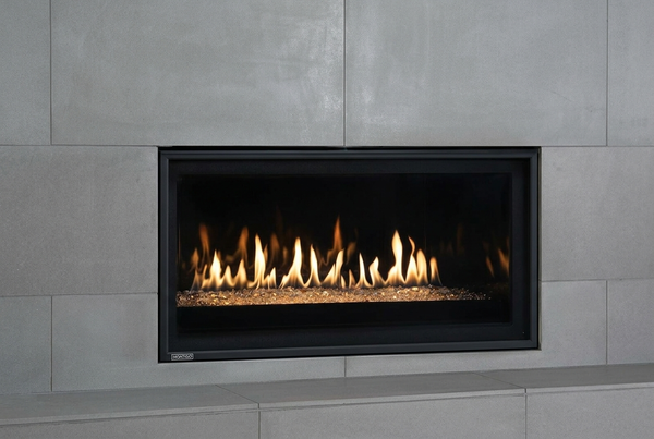 Montigo Phenom 38" Direct Vent Gas Fireplace - Model P38DF — room setting. AI-assisted visualization; shown fronts, liners, media and surroundings may be optional.