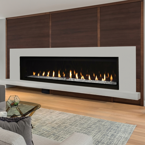 Superior DRL6084. Shown with black porcelain interior and platinum crushed glass. AI-assisted editorial visualization preserving the manufacturer-photographed installation. Optional accessories are not represented as included in the base price. Installation must follow the supplied model-specific manual.