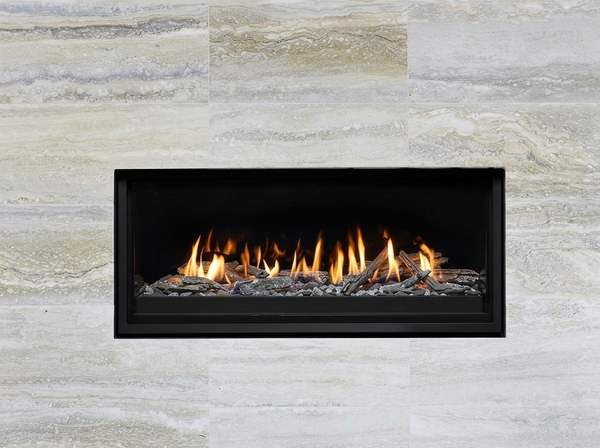 Montigo Phenom 52" Direct Vent Gas Fireplace - Model P52DF — room setting. AI-assisted visualization; shown fronts, liners, media and surroundings may be optional.