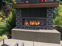 Majestic Lanai 48" Outdoor Linear Gas Fireplace - Model ODLANAIG-48 — room setting. AI-assisted visualization; shown fronts, liners, media and surroundings may be optional.