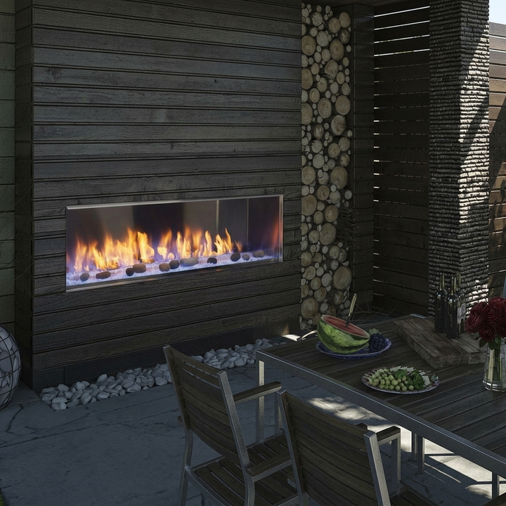ODLANAIG-60 — Lanai60 with exact Stone Kit, linear flame bed and original outdoor front. Depicted accessories are optional; no claim that every option is included. AI-assisted editorial visualization preserving the manufacturer-photographed installation. Installation must follow the actual supplied manual.