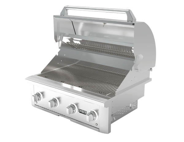 Ember by Wildfire 32-Inch Built-In Gas Grill with Infrared Sear Burner — Stainless steel open-hood view