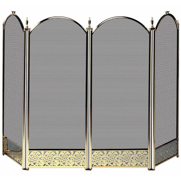 4 Fold Polished Brass Fireplace Screen - Decorative Filigree