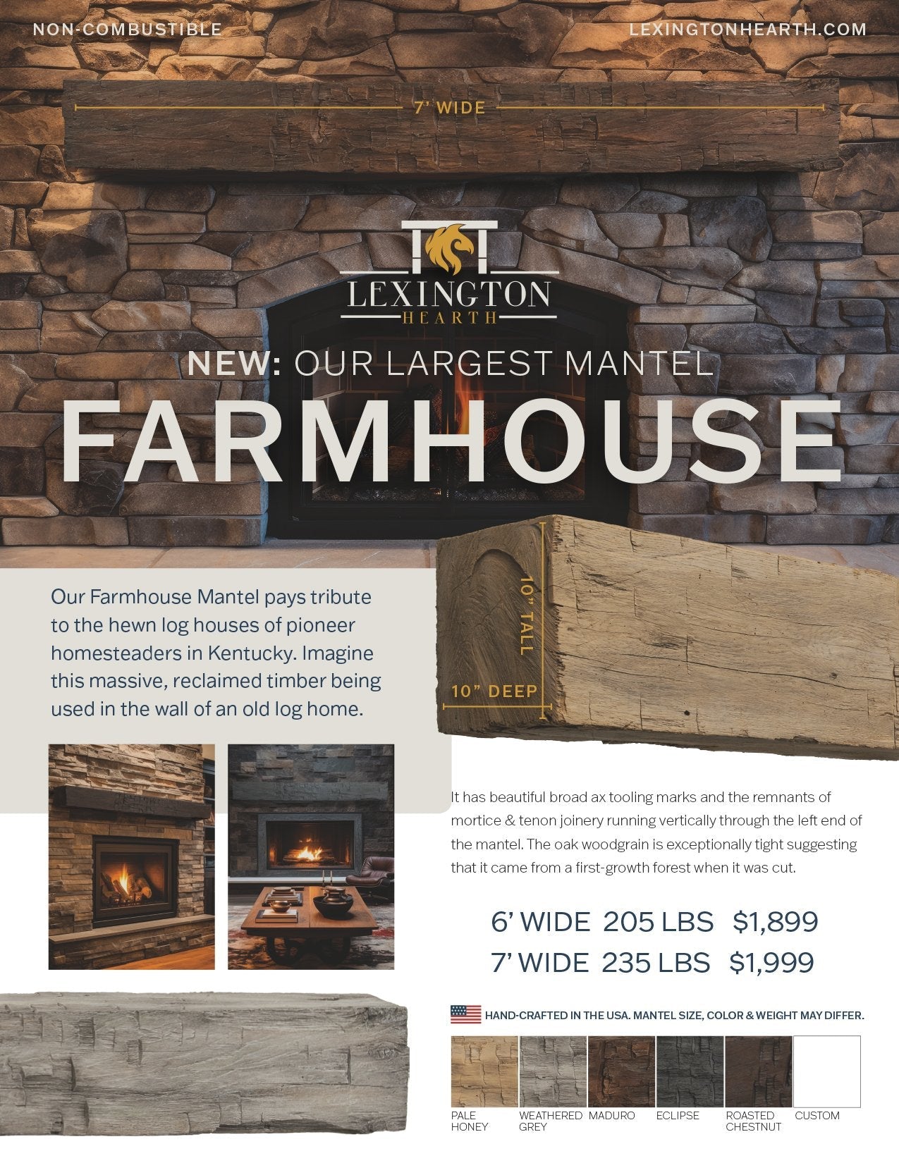Farmhouse Rustic Concrete Mantel Shelf – Non-Combustible Fireplace Mantel in Weathered Grey Finish by Lexington Hearth