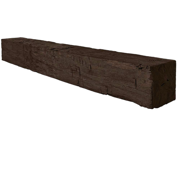 Farmhouse rustic concrete mantel shelf in roasted chestnut finish with timber beam look by Lexington Hearth