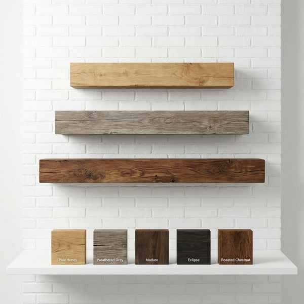 Custom length non-combustible concrete fireplace mantel with weathered woodgrain detail