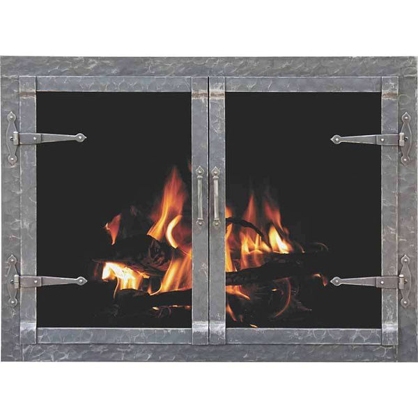 Custom forged fireplace doors with hand-finished iron and rustic patina design