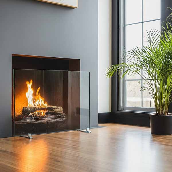 Frameless Clear Glass Fireplace Screen with Feet, Options - ExceptionalFire