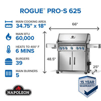 Napoleon Rogue PRO-S 625 RSIB Gas Grill with Infrared Side & Rear Burner - Stainless Steel