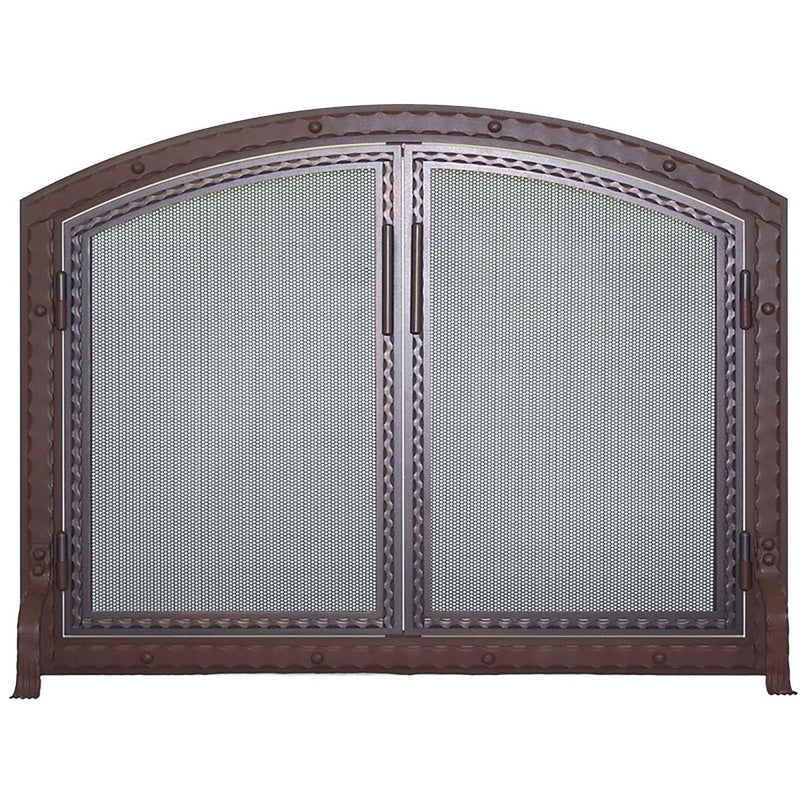 Custom free standing fireplace screen with blacksmith arch and working doors, heavy gauge mesh, solid steel frame