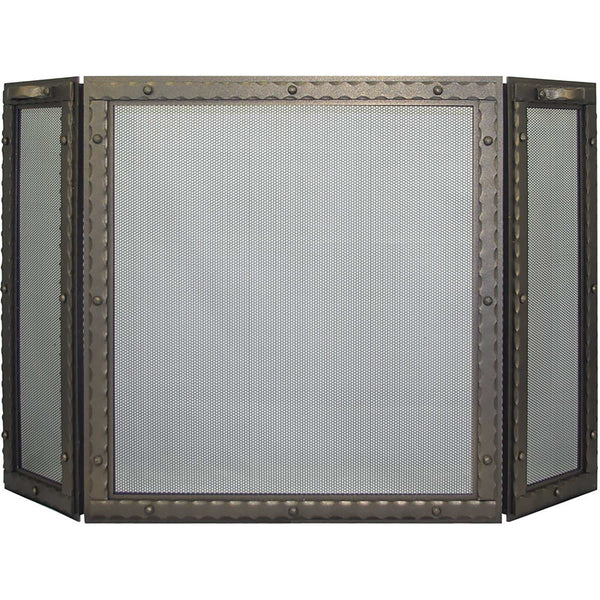 Custom made free standing fireplace triple panel screen with thick steel frame and heavy gauge mesh in bronzed iron