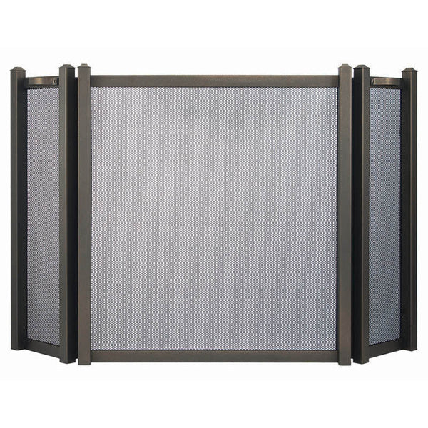 Custom free standing fireplace triple panel screen with bronzed iron frame and heavy gauge mesh