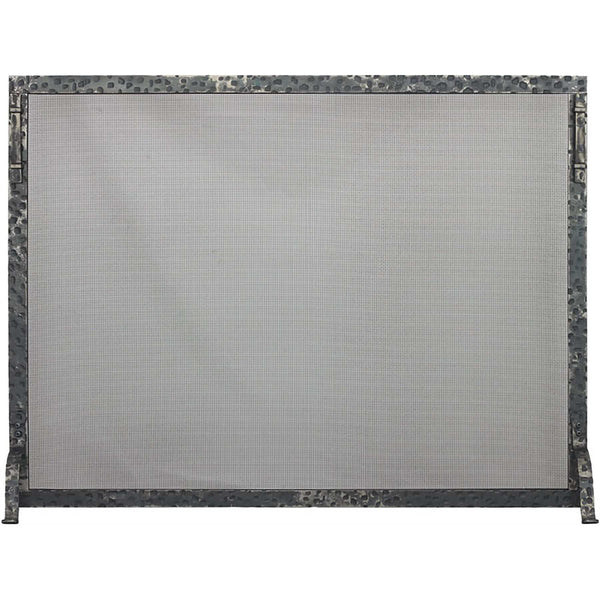 Custom free standing fireplace screen with aged rectangle steel frame and heavy gauge mesh