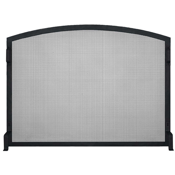 Custom free standing fireplace screen with thick steel frame and heavy gauge mesh in textured black
