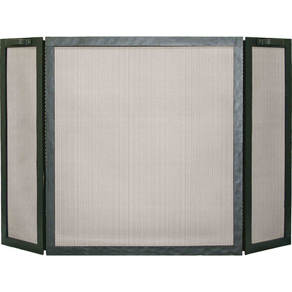 Free standing triple panel fireplace screen with textured black steel frame and heavy gauge mesh