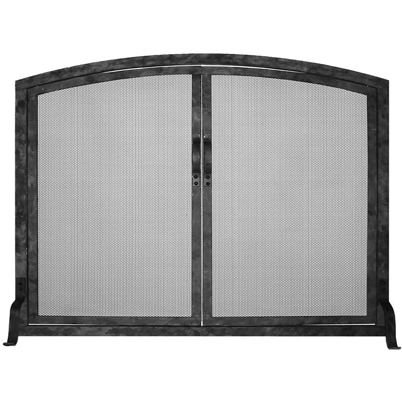 Custom free standing fireplace screen with thick solid steel frame and heavy gauge mesh
