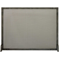 Craftsman Old World free-standing fireplace screen with steel frame, hammered border, scrollwork, and custom finish options