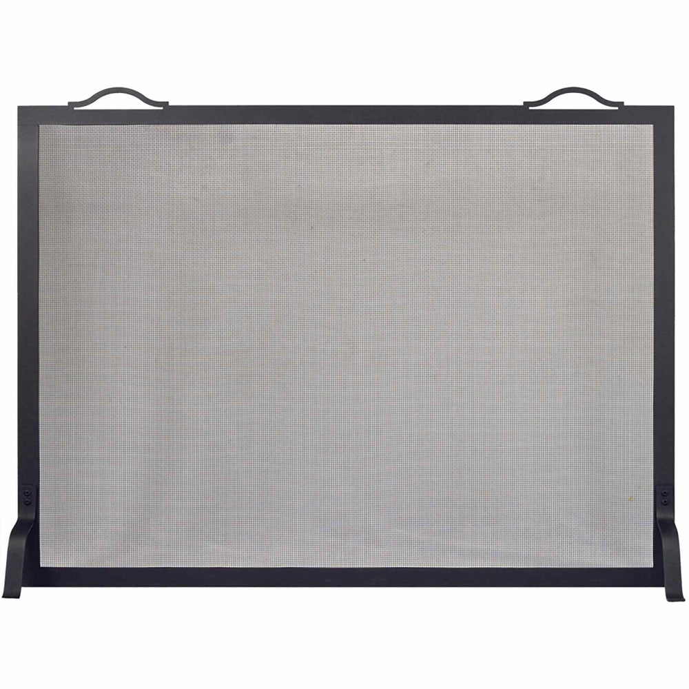Custom free standing fireplace screen with textured black solid steel frame and heavy gauge mesh