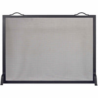 Custom free standing fireplace screen with textured black solid steel frame and heavy gauge mesh