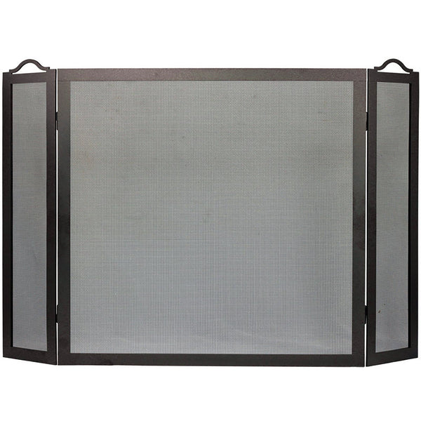 Custom made free standing triple panel fireplace screen with bronzed iron frame and heavy gauge mesh