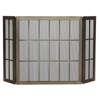 Custom free standing industrial triple panel fireplace screen with heavy steel frame and mesh