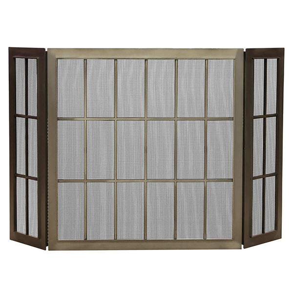 Custom free standing industrial triple panel fireplace screen with heavy steel frame and mesh