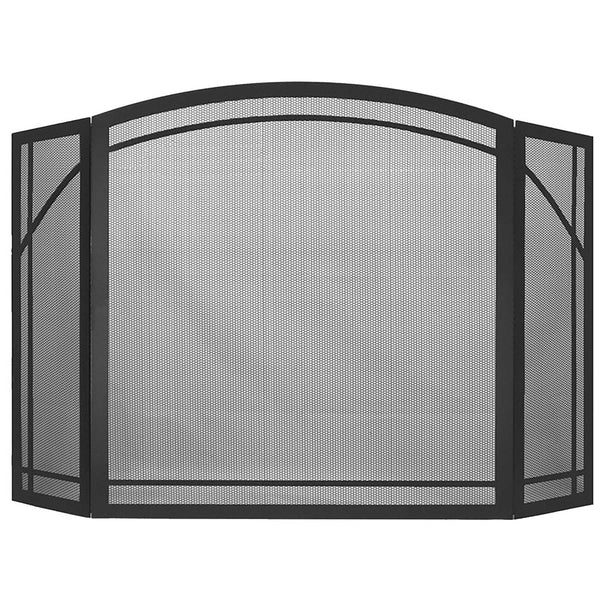 Custom free standing traditional arch frame fireplace screen with triple panels and heavy gauge mesh in textured black
