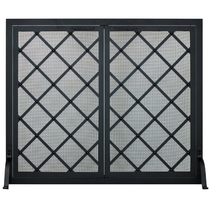 Custom free standing fireplace screen with heavy gauge mesh and thick solid steel frame in textured black