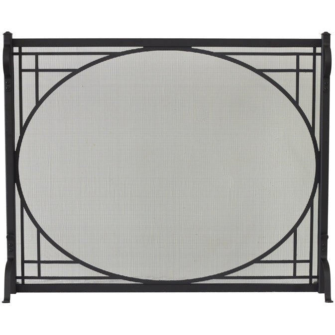 Custom free standing fireplace screen with heavy gauge wire mesh and textured black solid steel frame