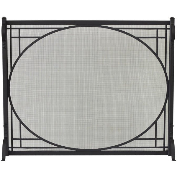 Custom free standing fireplace screen with heavy gauge wire mesh and textured black solid steel frame