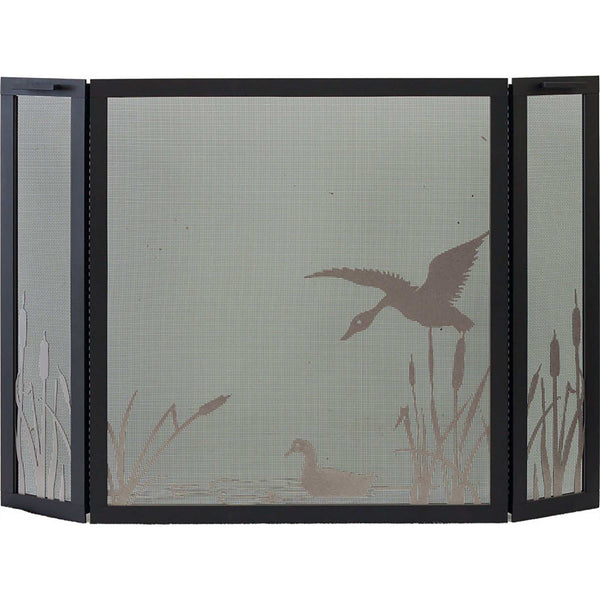 Free standing custom fireplace screen with thick solid steel frame and heavy gauge mesh in textured black and champagne finish