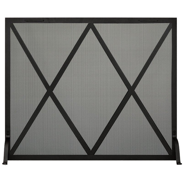 Custom free standing fireplace screen with traditional X design and matte black steel frame