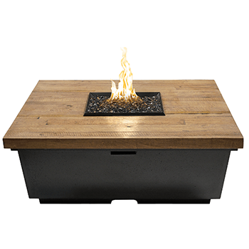 French Barrel Oak Contempo square firetable with rustic reclaimed wood finish and black lava base