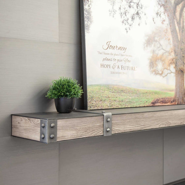 Fully customizable floating shelves combining wood and metal in transitional style with 25+ finishes