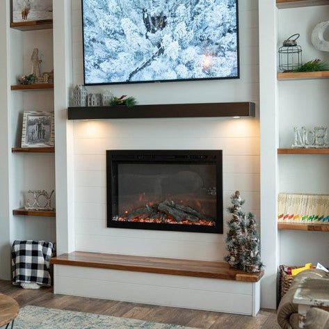 Fully customizable LED floating metal shelves with non-combustible 16 gauge steel, available in 24+ finishes, easy to install and heat shield for fireplaces