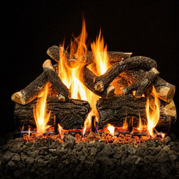 30" Arizona Weathered Oak charred outdoor gas log set with realistic wood detailing and stainless steel burners