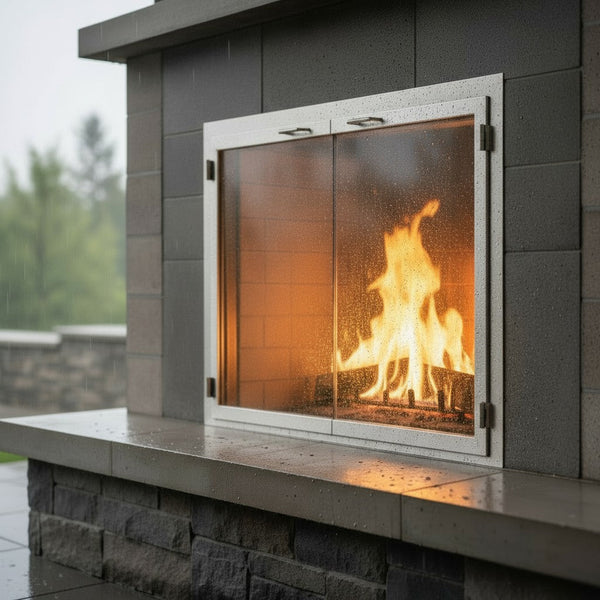 304 Stainless Steel masonry and prefab fireplace doors with clear, bronze, or grey glass options, rectangular openings, and arch door design.