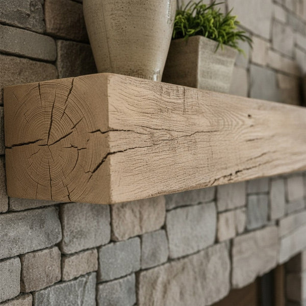 Grist Mill mantel shelf with pale honey finish and detailed woodgrain texture